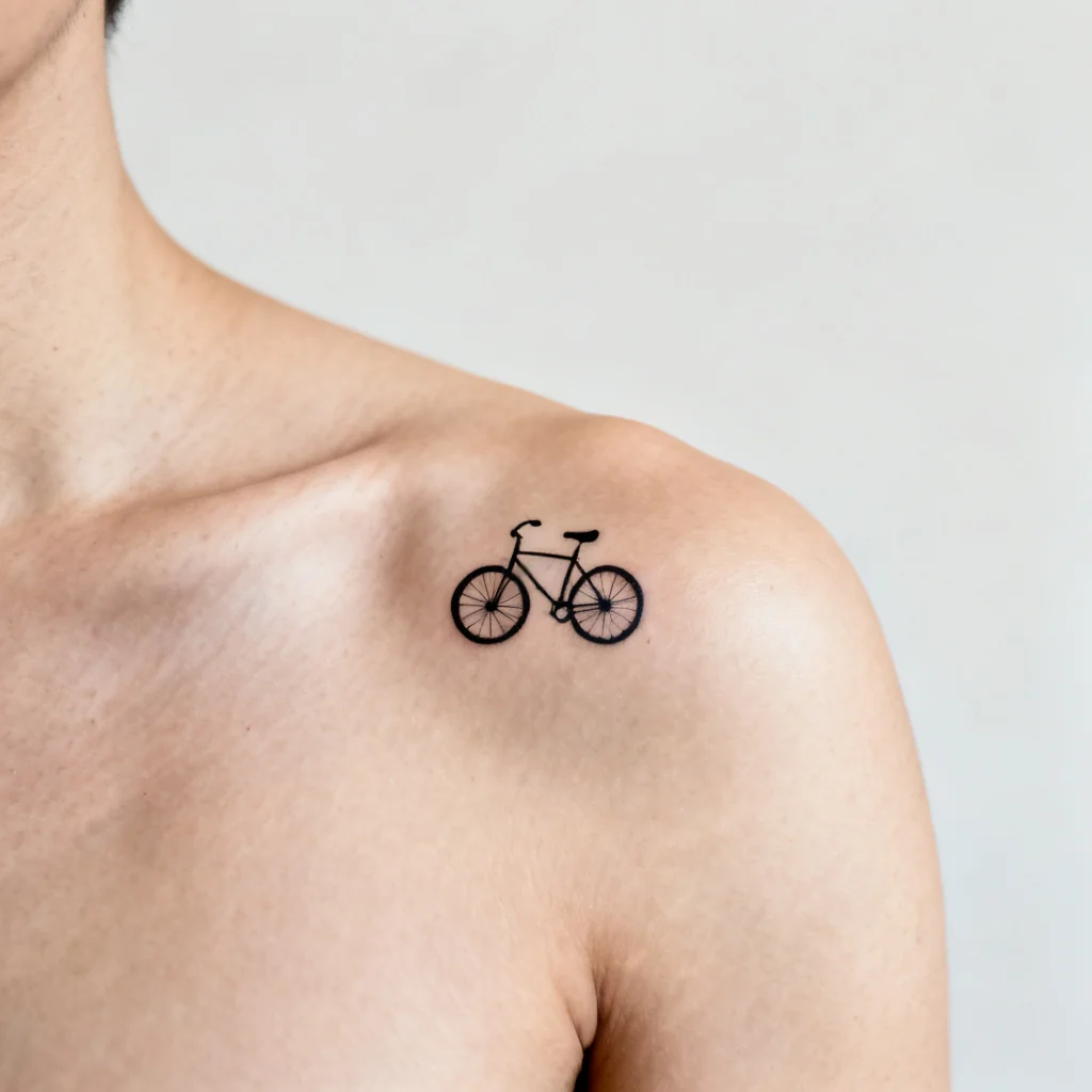 Minimalistyczne koło rowerowe w stylu fine-line na łopatce, estetyczne i naturalnie oświetlone.