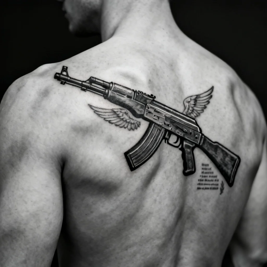 Kwadratowe ujęcie tatuażu AK-47 z elementami pamięci na łopatce, estetyczne cieniowanie i czyste linie.