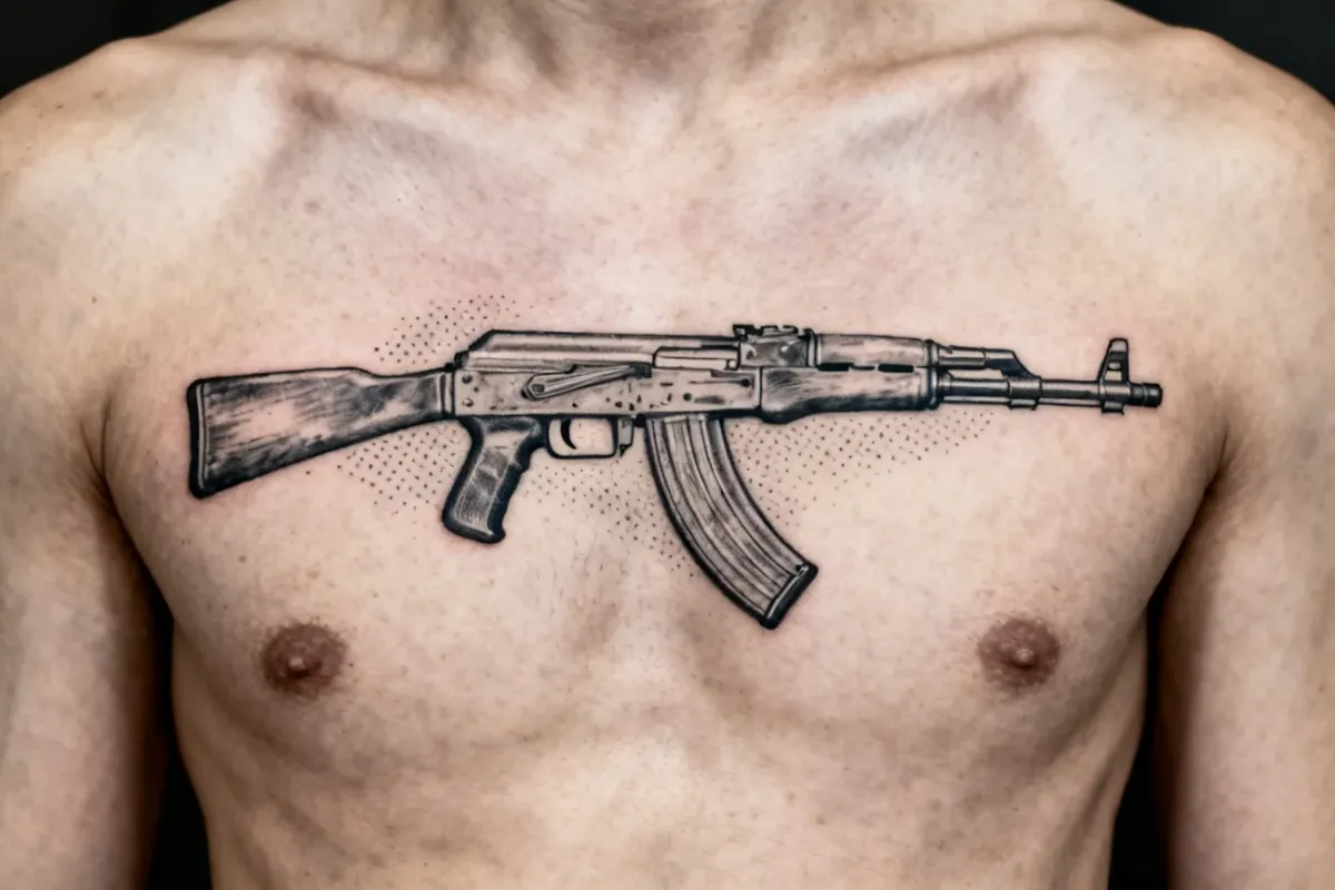 Estetyczne zdjęcie tatuażu AK-47 na środku klatki piersiowej, fine-line i subtelne cieniowanie.