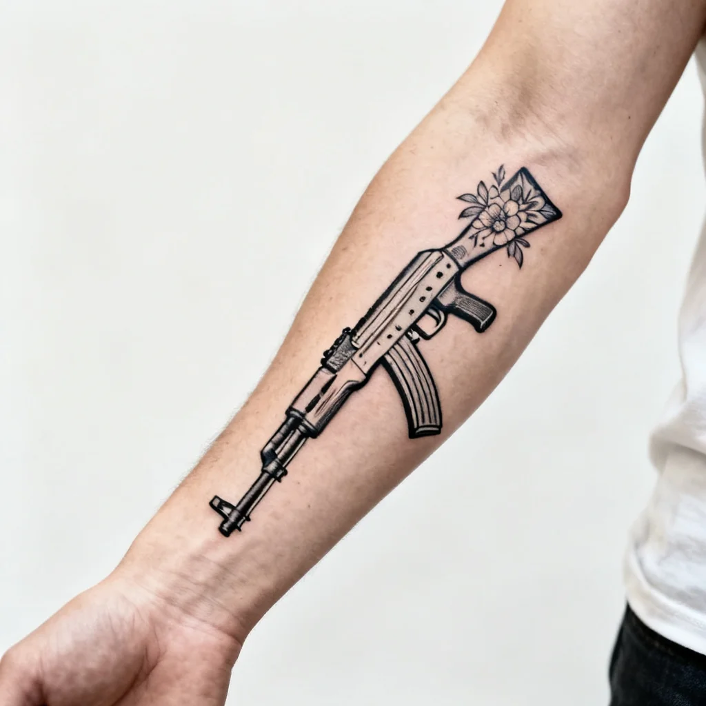 Kwadratowe zdjęcie tatuażu AK-47 z kwiatami na zewnętrznej części przedramienia, fine-line, naturalne światło.