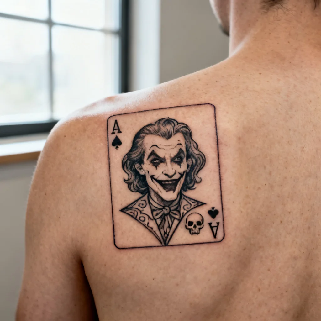 Kwadratowe zbliżenie tatuażu karty (joker stylizowany) na łopatce, czyste linie.