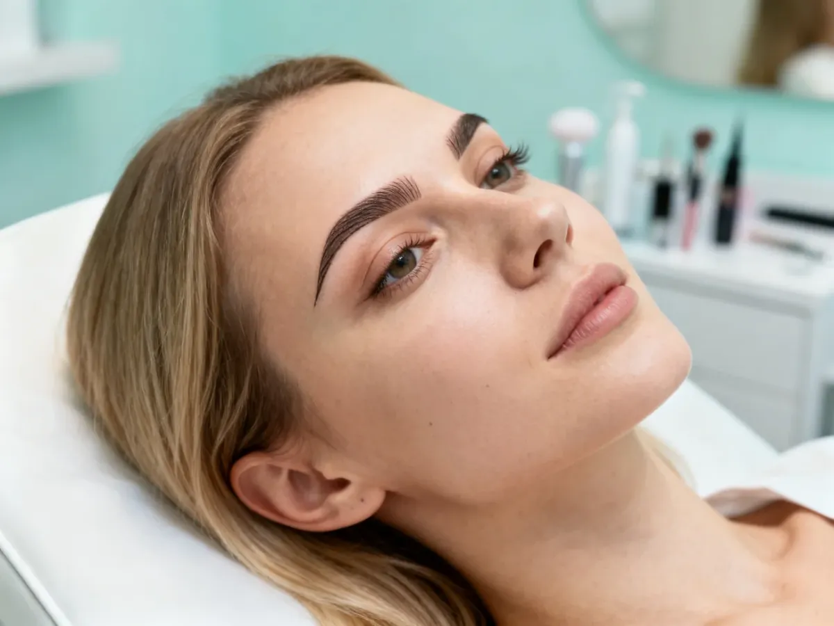 Kobieta po zabiegu makijażu permanentnego brwi odpoczywająca w profesjonalnym salonie kosmetycznym.
