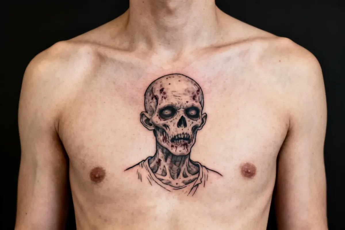 Poziome zdjęcie realistycznego, stonowanego tatuażu zombie na górnej części klatki piersiowej