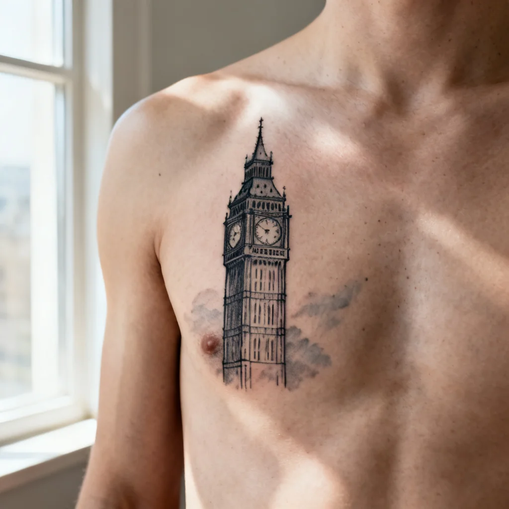 Kwadratowe zdjęcie subtelnego tatuażu wieży Big Ben na klatce piersiowej, delikatne cieniowanie.