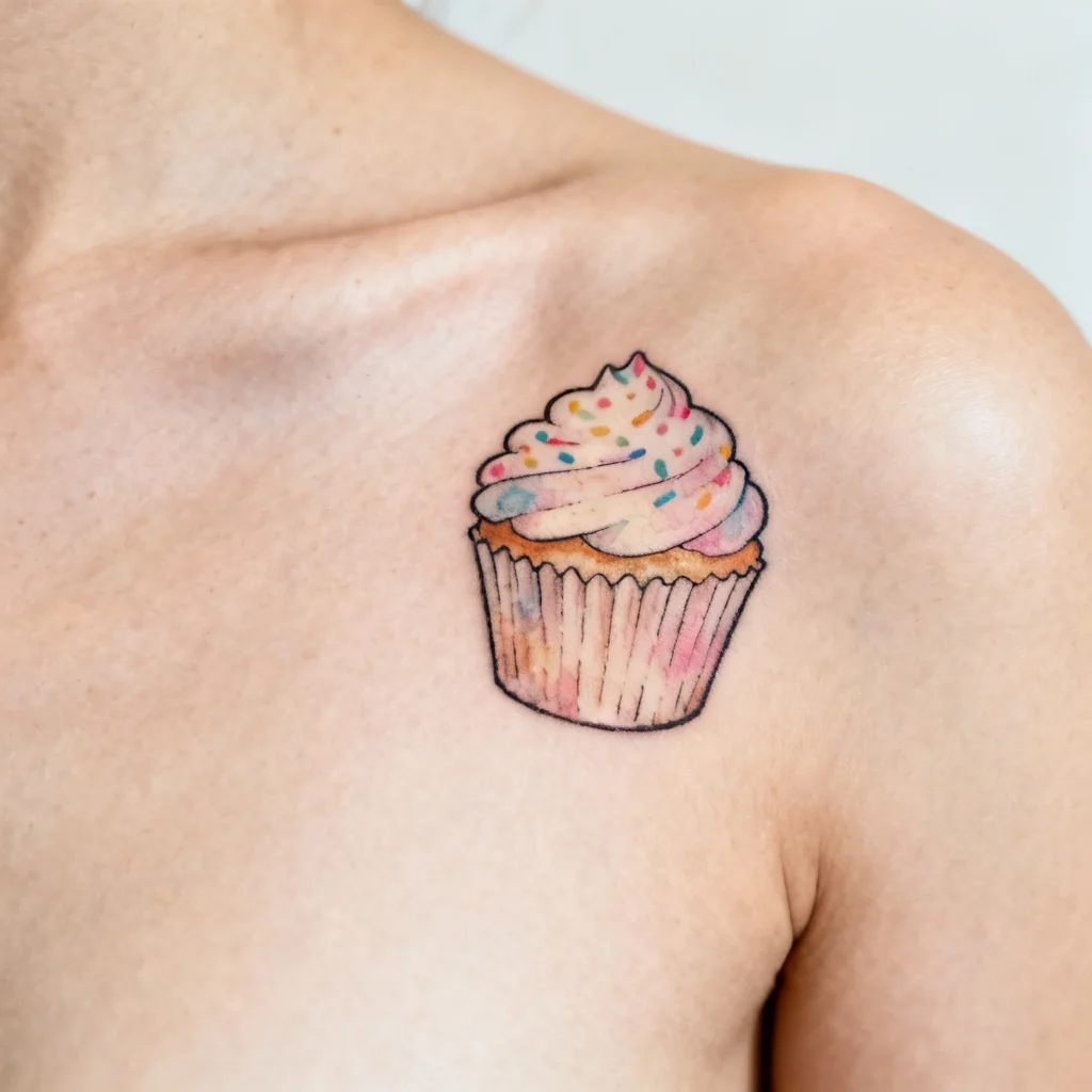 Minimalistyczny cupcake w pastelach tatuaż na łopatce, czysta skóra i profesjonalne światło.