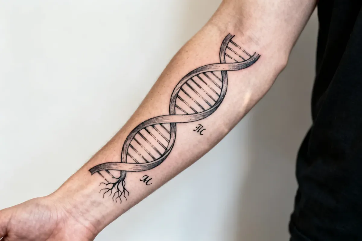 Poziome ujęcie helisy DNA na przedramieniu, delikatne linie i inicjały, profesjonalne światło.