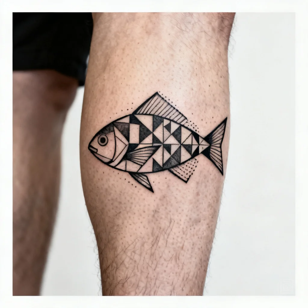 Geometryczny czarny tatuaż ryby na zewnętrznej części łydki, ostre linie i dotwork