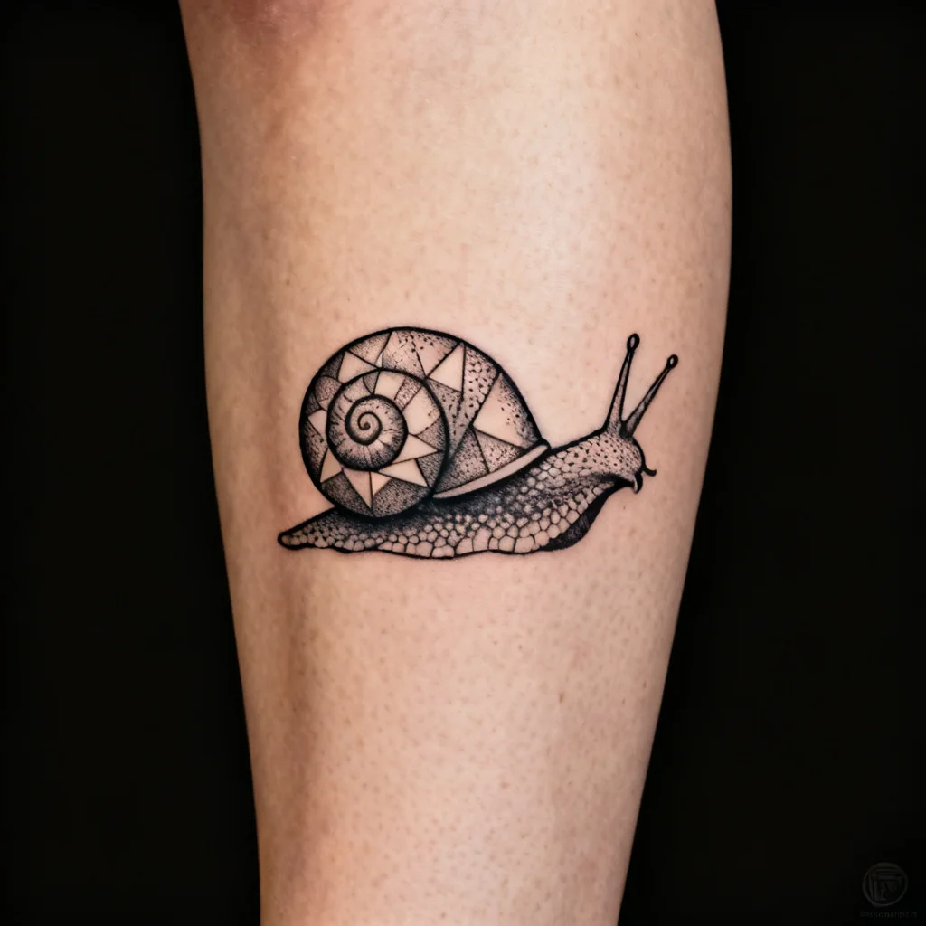 Kwadratowe zdjęcie ślimaka w stylu dotwork i geometrycznym na zewnętrznej łydce, wyraźna faktura muszli.