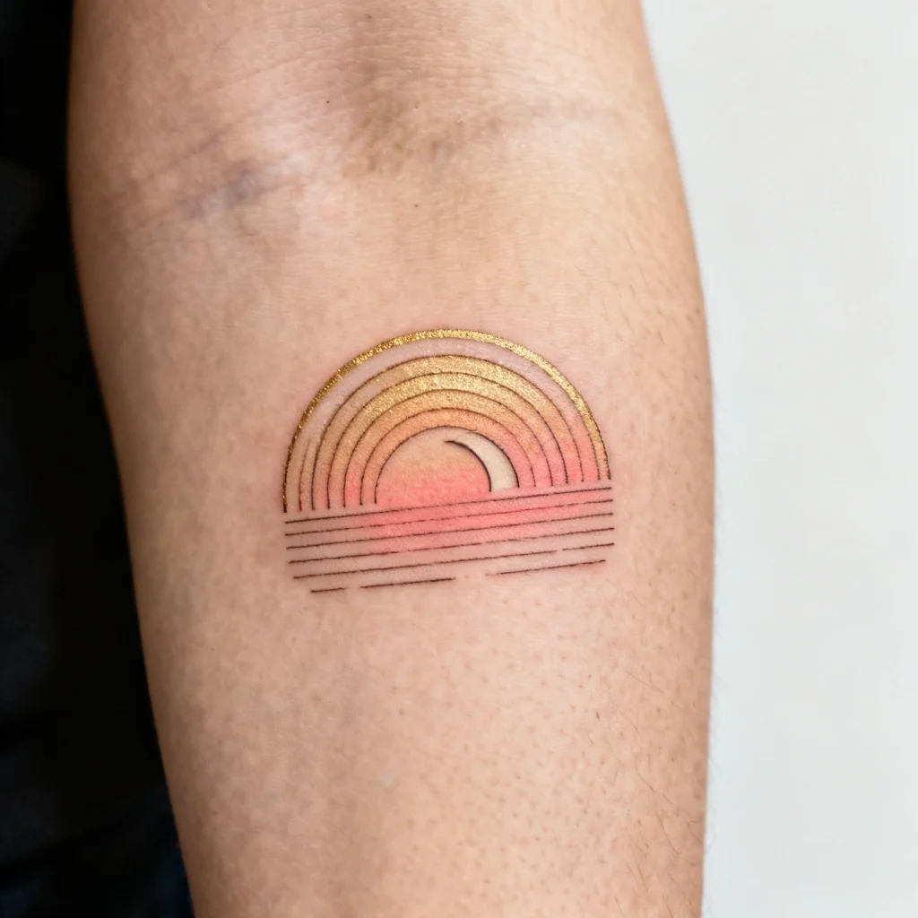 Minimalistyczny abstrakcyjny zachód słońca na zewnętrznej części przedramienia, delikatne łuki i gradient.