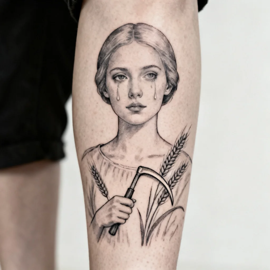 Fine-line portret południcy z sierpem i kłosami na zewnętrznej łydce, subtelne cieniowanie.