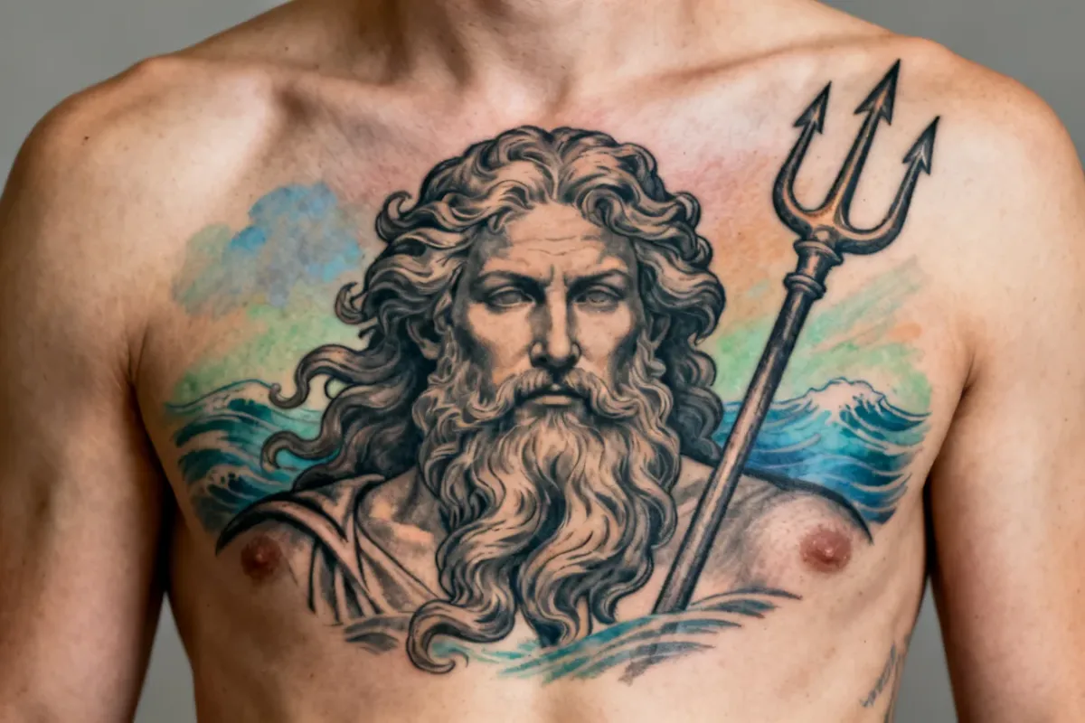 Realistyczny portret Neptuna na górnej części klatki piersiowej, czyste tło.